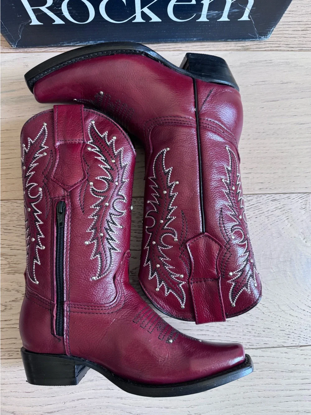 ROCK'EM Girl's Western Boots Red Leather- Studs Snip Toe Sz: 21 MEX = 1 Youth US